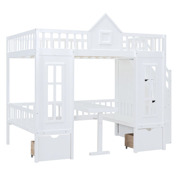 HomeRoots White Full Over Full Dollhouse Bunk Bed with Stairs, Desk, Storage Drawers for Kids’ Rooms 606600