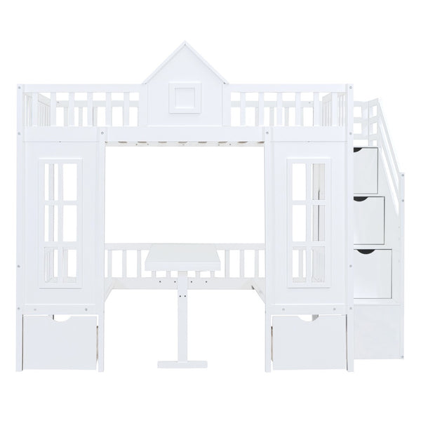 HomeRoots White Full Over Full Dollhouse Bunk Bed with Stairs, Desk, Storage Drawers for Kids’ Rooms 606600
