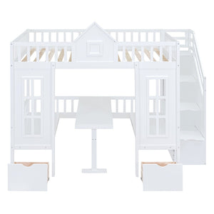 HomeRoots White Full Over Full Dollhouse Bunk Bed with Stairs, Desk, Storage Drawers for Kids’ Rooms 606600