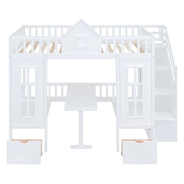 HomeRoots White Full Over Full Dollhouse Bunk Bed with Stairs, Desk, Storage Drawers for Kids’ Rooms 606600