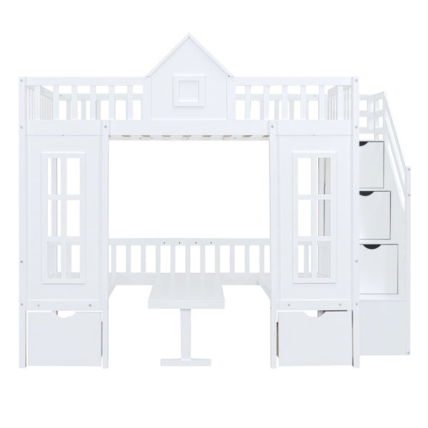 HomeRoots White Full Over Full Dollhouse Bunk Bed with Stairs, Desk, Storage Drawers for Kids’ Rooms 606600