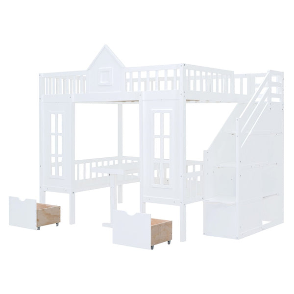 HomeRoots White Full Over Full Dollhouse Bunk Bed with Stairs, Desk, Storage Drawers for Kids’ Rooms 606600