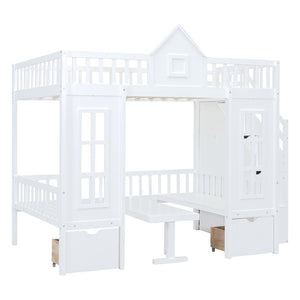 HomeRoots White Full Over Full Dollhouse Bunk Bed with Stairs, Desk, Storage Drawers for Kids’ Rooms 606600