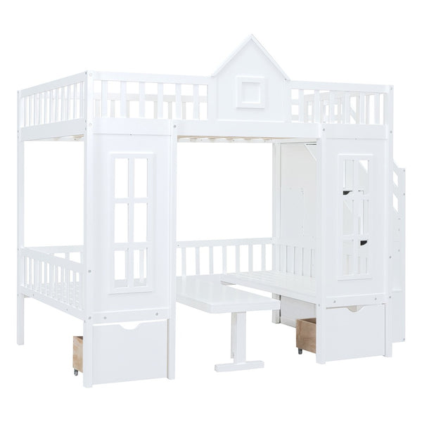 HomeRoots White Full Over Full Dollhouse Bunk Bed with Stairs, Desk, Storage Drawers for Kids’ Rooms 606600