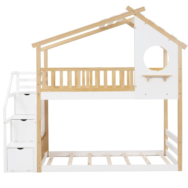 HomeRoots White Twin Over Twin Solid Wood Bunk Bed with Stairs, Storage & Safety Features for Kids' Rooms 606601