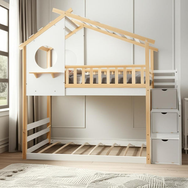 HomeRoots White Twin Over Twin Solid Wood Bunk Bed with Stairs, Storage & Safety Features for Kids' Rooms 606601