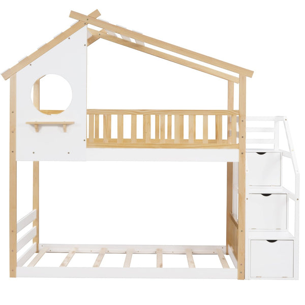 HomeRoots White Twin Over Twin Solid Wood Bunk Bed with Stairs, Storage & Safety Features for Kids' Rooms 606601
