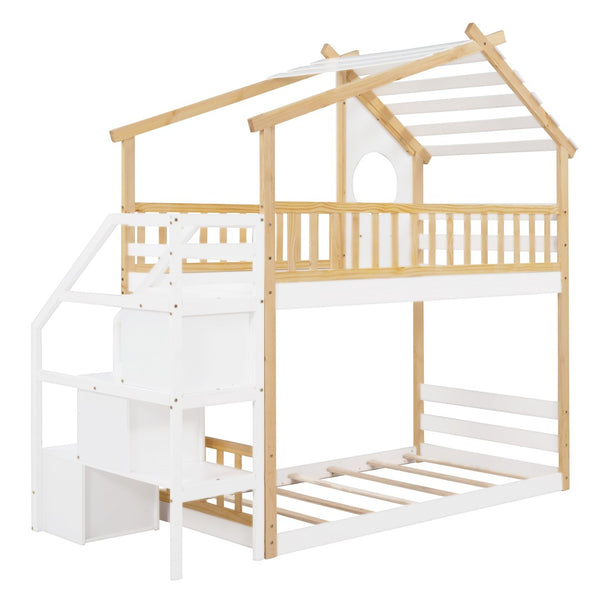 HomeRoots White Twin Over Twin Solid Wood Bunk Bed with Stairs, Storage & Safety Features for Kids' Rooms 606601