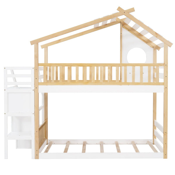HomeRoots White Twin Over Twin Solid Wood Bunk Bed with Stairs, Storage & Safety Features for Kids' Rooms 606601