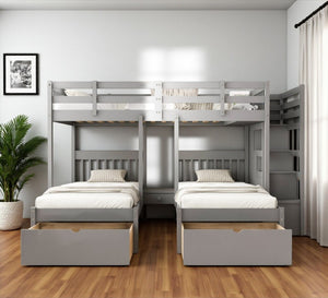 HomeRoots Gray Solid Wood Bunk Bed for Three with Stairs, Storage Drawers, and Stylish Design for Kids 606602