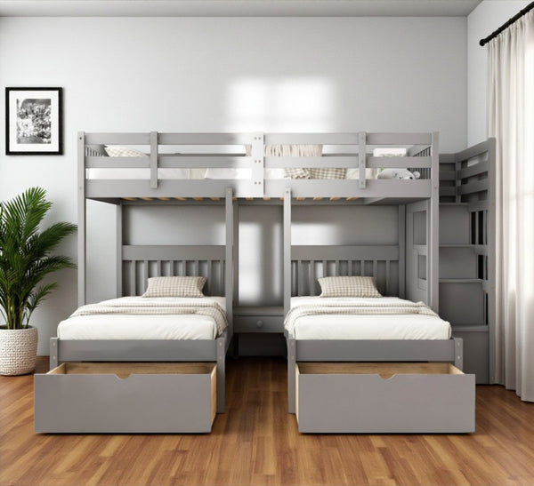 HomeRoots Gray Solid Wood Bunk Bed for Three with Stairs, Storage Drawers, and Stylish Design for Kids 606602