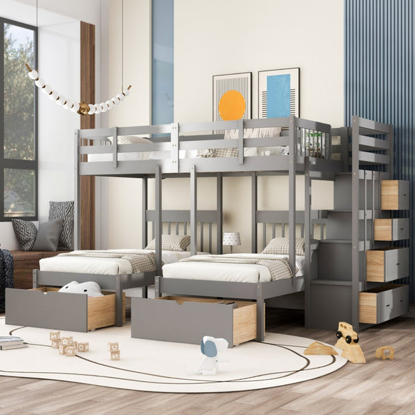 HomeRoots Gray Solid Wood Bunk Bed for Three with Stairs, Storage Drawers, and Stylish Design for Kids 606602