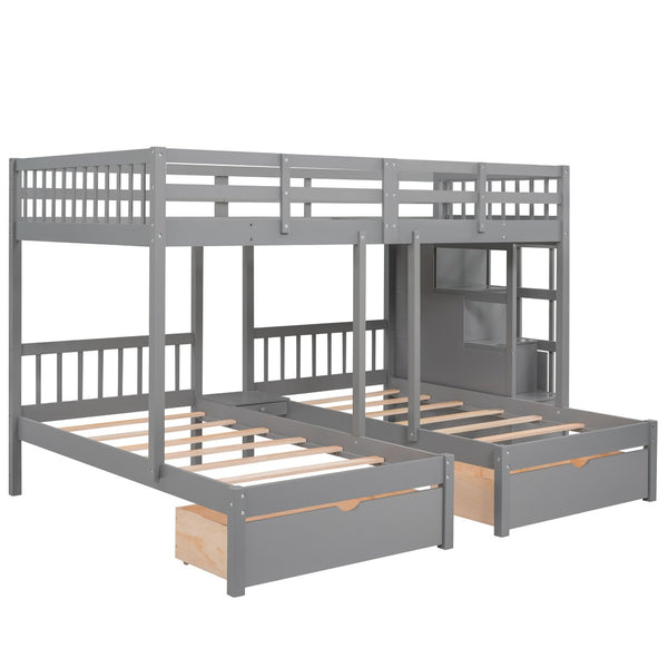 HomeRoots Gray Solid Wood Bunk Bed for Three with Stairs, Storage Drawers, and Stylish Design for Kids 606602