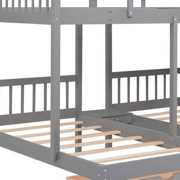 HomeRoots Gray Solid Wood Bunk Bed for Three with Stairs, Storage Drawers, and Stylish Design for Kids 606602