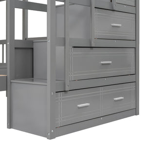 HomeRoots Gray Solid Wood Bunk Bed for Three with Stairs, Storage Drawers, and Stylish Design for Kids 606602