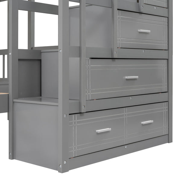 HomeRoots Gray Solid Wood Bunk Bed for Three with Stairs, Storage Drawers, and Stylish Design for Kids 606602