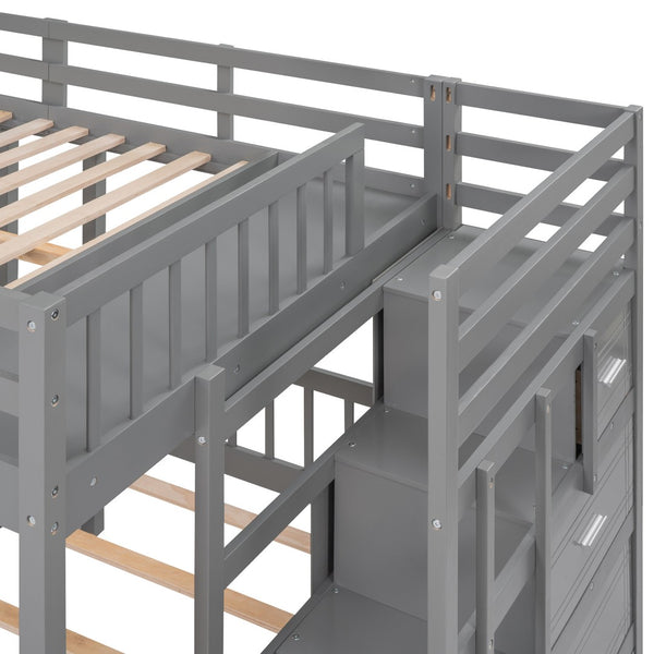HomeRoots Gray Solid Wood Bunk Bed for Three with Stairs, Storage Drawers, and Stylish Design for Kids 606602