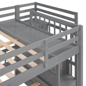 HomeRoots Gray Solid Wood Bunk Bed for Three with Stairs, Storage Drawers, and Stylish Design for Kids 606602