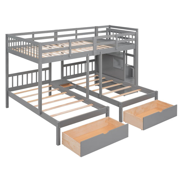 HomeRoots Gray Solid Wood Bunk Bed for Three with Stairs, Storage Drawers, and Stylish Design for Kids 606602