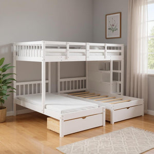 HomeRoots White Solid Wood Bunk Bed with Stairs, Drawers & Storage - Full Over Two Twin Size Design for Kids 606603