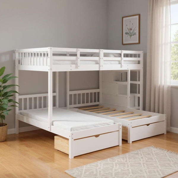 HomeRoots White Solid Wood Bunk Bed with Stairs, Drawers & Storage - Full Over Two Twin Size Design for Kids 606603