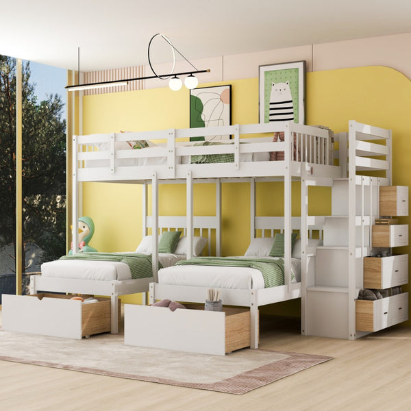 HomeRoots White Solid Wood Bunk Bed with Stairs, Drawers & Storage - Full Over Two Twin Size Design for Kids 606603
