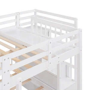 HomeRoots White Solid Wood Bunk Bed with Stairs, Drawers & Storage - Full Over Two Twin Size Design for Kids 606603