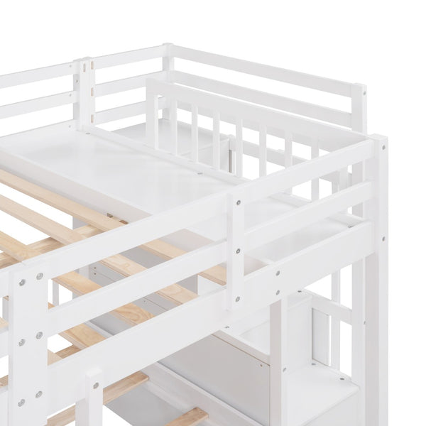 HomeRoots White Solid Wood Bunk Bed with Stairs, Drawers & Storage - Full Over Two Twin Size Design for Kids 606603
