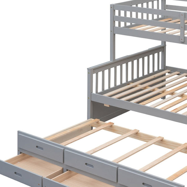 HomeRoots Gray Twin Over Full Bunk Bed with Trundle, Drawers & Safety Features for Space-Saving Style 606604
