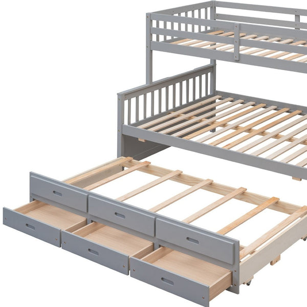 HomeRoots Gray Twin Over Full Bunk Bed with Trundle, Drawers & Safety Features for Space-Saving Style 606604