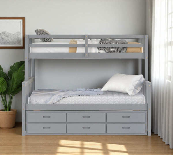 HomeRoots Gray Twin Over Full Bunk Bed with Trundle, Drawers & Safety Features for Space-Saving Style 606604