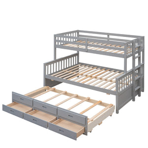HomeRoots Gray Twin Over Full Bunk Bed with Trundle, Drawers & Safety Features for Space-Saving Style 606604