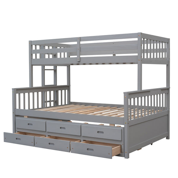 HomeRoots Gray Twin Over Full Bunk Bed with Trundle, Drawers & Safety Features for Space-Saving Style 606604