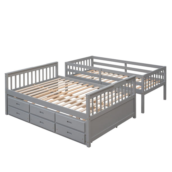 HomeRoots Gray Twin Over Full Bunk Bed with Trundle, Drawers & Safety Features for Space-Saving Style 606604
