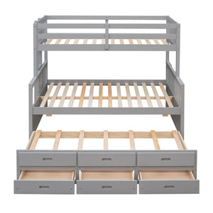 HomeRoots Gray Twin Over Full Bunk Bed with Trundle, Drawers & Safety Features for Space-Saving Style 606604