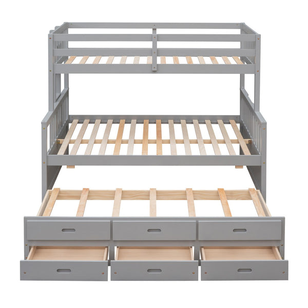 HomeRoots Gray Twin Over Full Bunk Bed with Trundle, Drawers & Safety Features for Space-Saving Style 606604
