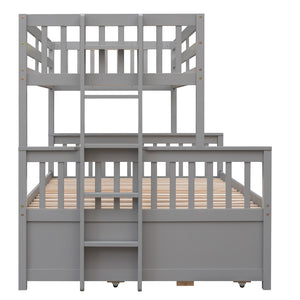 HomeRoots Gray Twin Over Full Bunk Bed with Trundle, Drawers & Safety Features for Space-Saving Style 606604