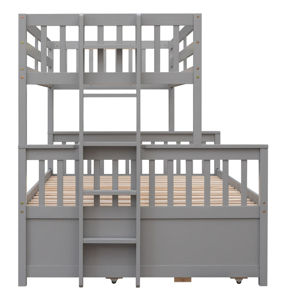 HomeRoots Gray Twin Over Full Bunk Bed with Trundle, Drawers & Safety Features for Space-Saving Style 606604