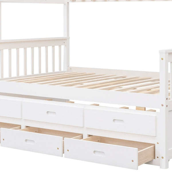 HomeRoots White Twin Over Full Solid Wood Bunk Bed with Trundle, Drawers & Safety Guardrails - Space Saver! 606605