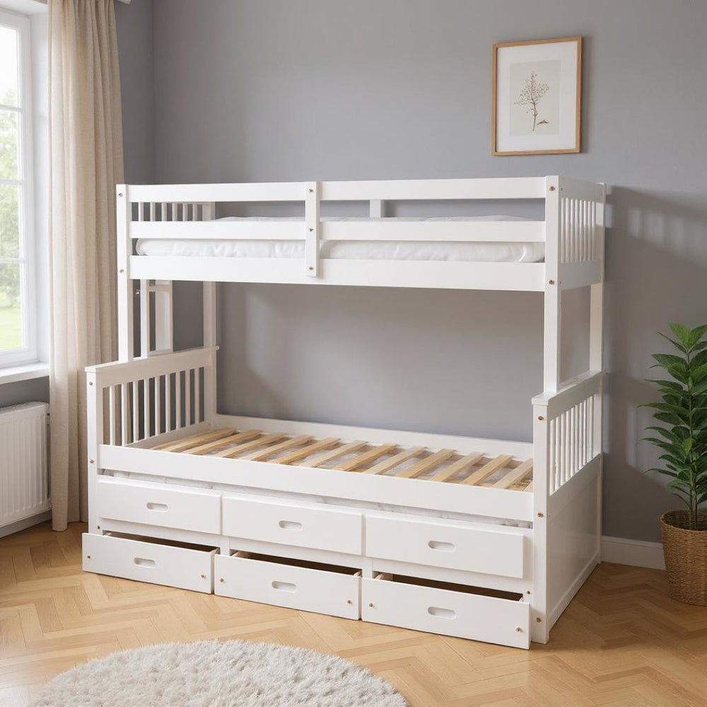 HomeRoots White Twin Over Full Solid Wood Bunk Bed with Trundle, Drawers & Safety Guardrails - Space Saver! 606605