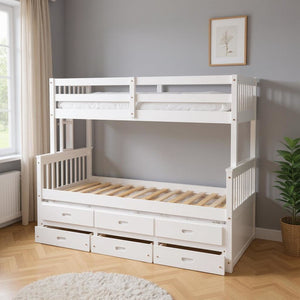 HomeRoots White Twin Over Full Solid Wood Bunk Bed with Trundle, Drawers & Safety Guardrails - Space Saver! 606605