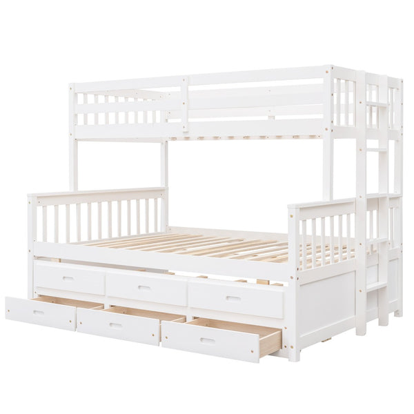 HomeRoots White Twin Over Full Solid Wood Bunk Bed with Trundle, Drawers & Safety Guardrails - Space Saver! 606605