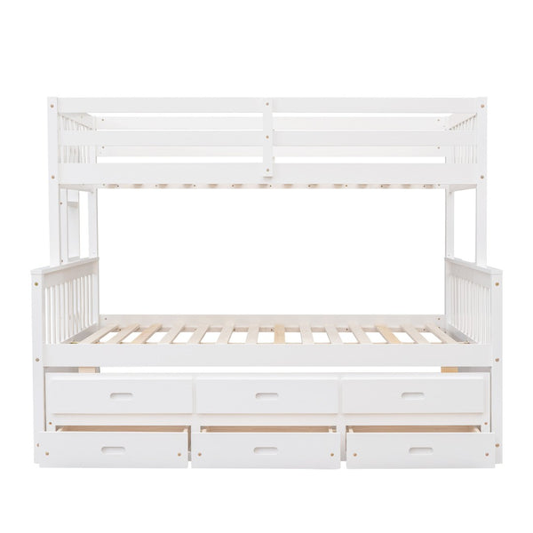 HomeRoots White Twin Over Full Solid Wood Bunk Bed with Trundle, Drawers & Safety Guardrails - Space Saver! 606605