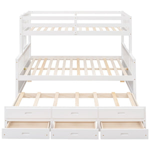 HomeRoots White Twin Over Full Solid Wood Bunk Bed with Trundle, Drawers & Safety Guardrails - Space Saver! 606605