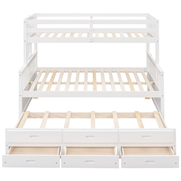 HomeRoots White Twin Over Full Solid Wood Bunk Bed with Trundle, Drawers & Safety Guardrails - Space Saver! 606605