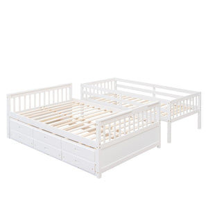 HomeRoots White Twin Over Full Solid Wood Bunk Bed with Trundle, Drawers & Safety Guardrails - Space Saver! 606605
