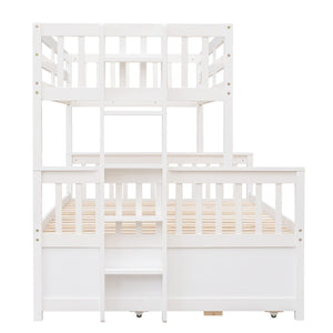 HomeRoots White Twin Over Full Solid Wood Bunk Bed with Trundle, Drawers & Safety Guardrails - Space Saver! 606605