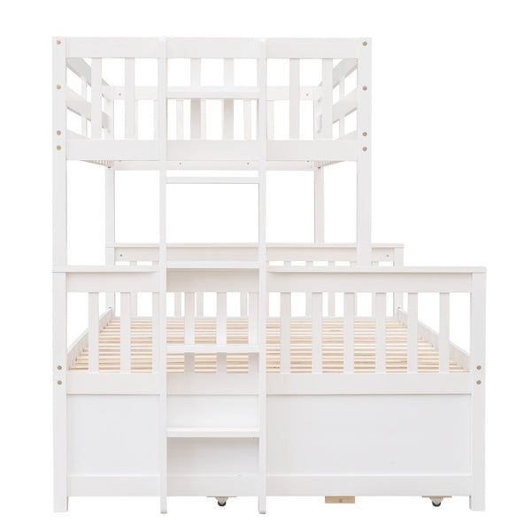 HomeRoots White Twin Over Full Solid Wood Bunk Bed with Trundle, Drawers & Safety Guardrails - Space Saver! 606605