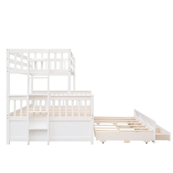 HomeRoots White Twin Over Full Solid Wood Bunk Bed with Trundle, Drawers & Safety Guardrails - Space Saver! 606605
