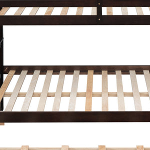 HomeRoots Espresso Twin Over Full Bunk Bed with Trundle, Storage & Safety Guardrails for Shared Spaces 606606